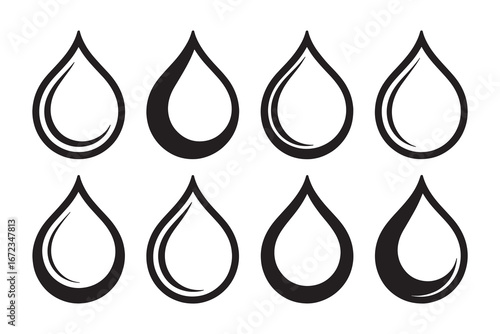 Set of line art black silhouette 3d drop of water isolated on white background
