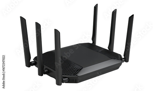 Top-down view of a dark gray wireless router with four antennas