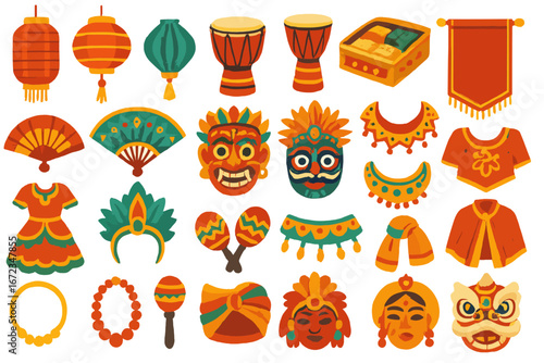 Colorful cultural decorations and instruments displayed in a festive arrangement celebrating local traditions in a vibrant setting