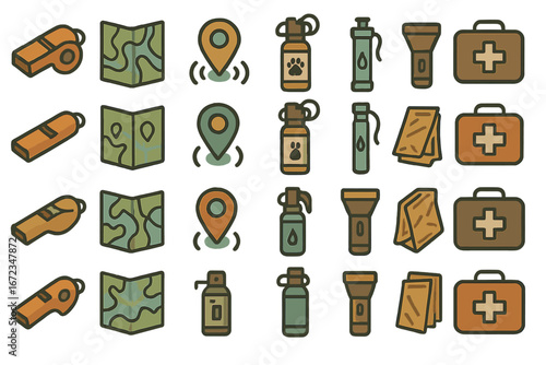 Exploring essential outdoor adventure gear including maps, flashlights, and first aid kits