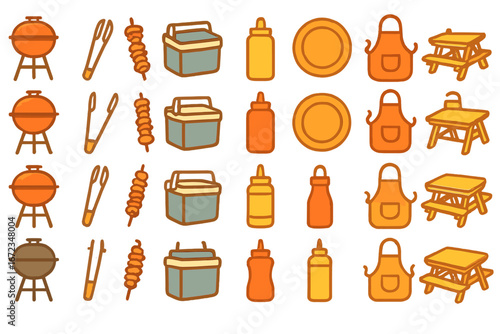 Colorful barbecue themed illustrations featuring grilling tools, condiments, and picnic items for outdoor gatherings and cookouts