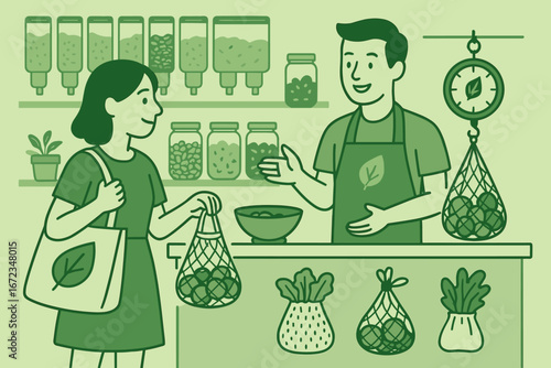 Eco-friendly bulk food store illustration with customer and shopkeeper, reusable produce bags, weighing vegetables, and sustainable lifestyle in green tones