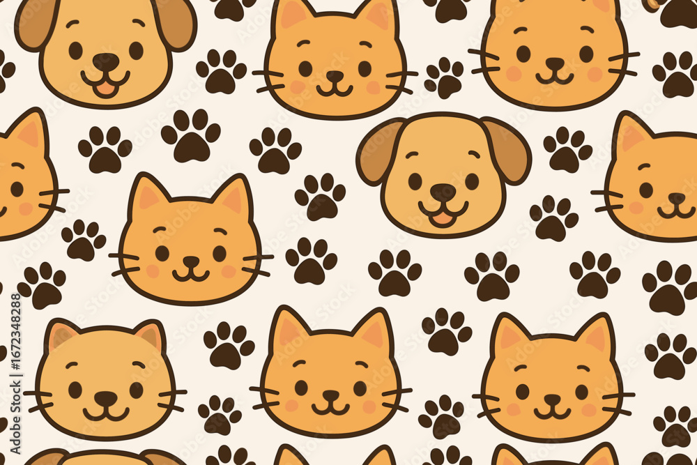 Obraz premium Cute animal pattern featuring playful cats and dogs with paw prints in a colorful design