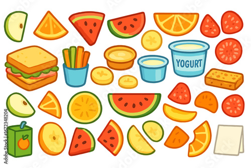Colorful assortment of fruits, snacks, and yogurt arranged vibrantly on a white background showcasing healthy eating options