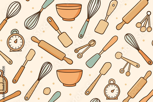 Colorful baking utensils and tools arranged in a playful pattern on a light background showcasing kitchen essentials for enthusiasts