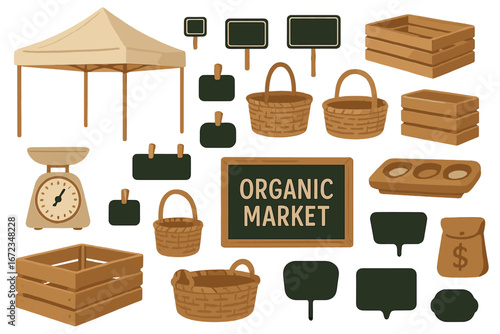 Organic market vector illustration with canopy tent, wooden crates, baskets, chalkboard signs, scale, and produce display
