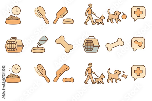 Pet care icon set featuring feeding schedules, grooming brushes, food bowls, dog walking, playing fetch, veterinary chat, pet carriers, travel water bottles, bones, and treat icons
