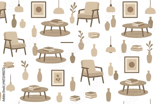 Modern minimalist interior design featuring neutral colors and essential furniture pieces in a stylish composition