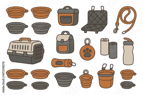 Orange and gray pet travel and care icons set including collapsible bowls, carriers, backpacks, car seat covers, leashes, ID tags, waste bag dispensers, water bottles, and treat containers
