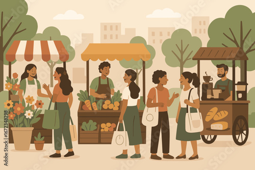 Farmers market bustling with visitors and vendors sharing fresh produce and flowers in a lively urban setting
