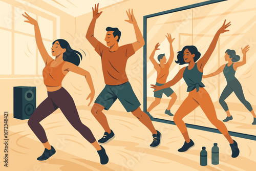 Group dance class in a bright studio with energetic participants enjoying the rhythm together