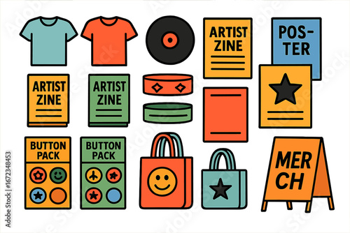 Art and merchandise display featuring zines, clothing, and accessories at a creative market setup