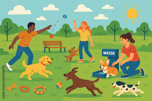 Enjoying a sunny day in the park with playful dogs and joyful owners participating in fun activities