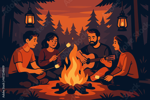 Friends gather around a campfire in the woods, enjoying music and roasting marshmallows at sunset