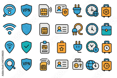 Collection of technology-related icons showcasing connectivity, security, and time management concepts