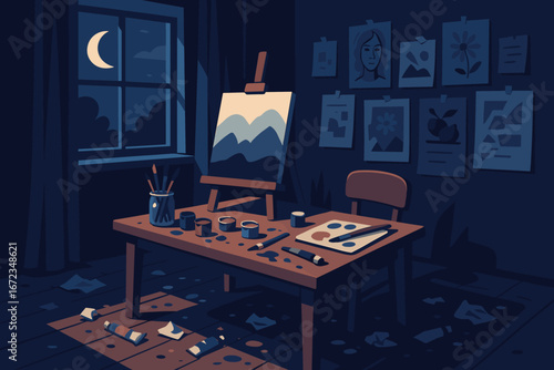 Creative workspace at night with art supplies on a wooden table and a canvas painting of mountains illuminated by moonlight