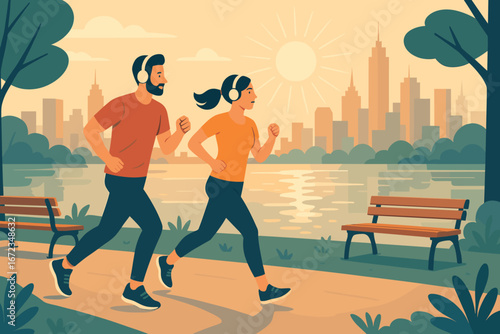 Couple jogs together in a park at sunset with city skyline in the background