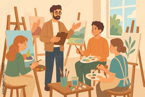 Art instructor shares techniques with students during a painting class in a sunlit studio