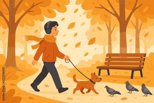 Walking a dog through a vibrant autumn park with falling leaves and pigeons