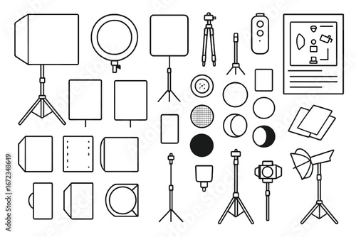 Black and White Photography Lighting Equipment Icon Set with Softboxes, Diffusers, Tripods, Light Modifiers, and Studio Setup Diagram