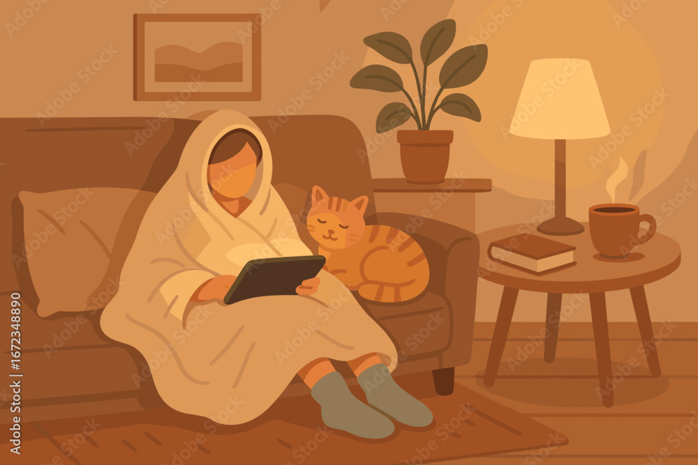 Fototapeta premium Cozy evening at home with a cat and a warm drink on a couch
