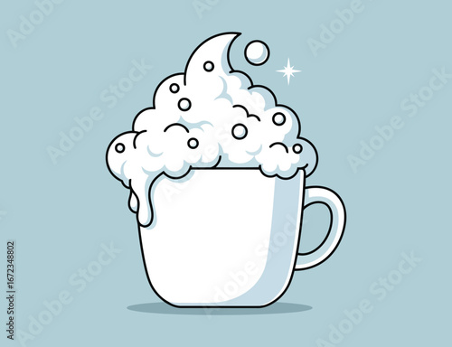 A cup of cappuccino with a lot of foam on a light blue background