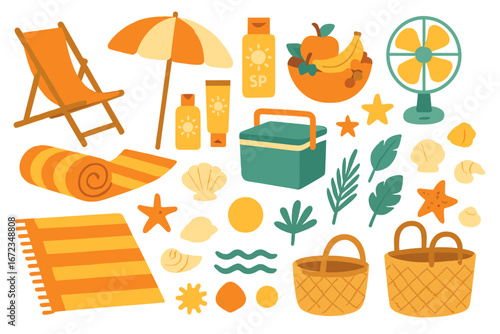 Colorful beach essentials and summer items arranged on a white background celebrating beach fun