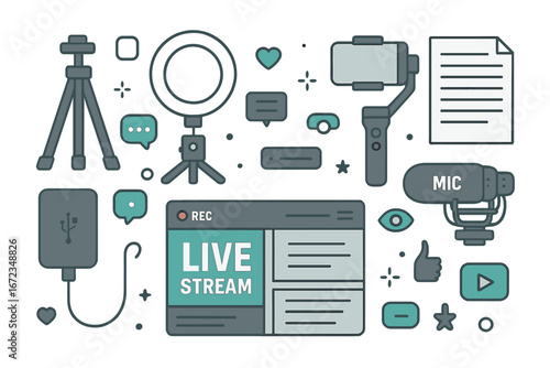Creative setup for live streaming with various equipment and tech components for content creation and broadcasting