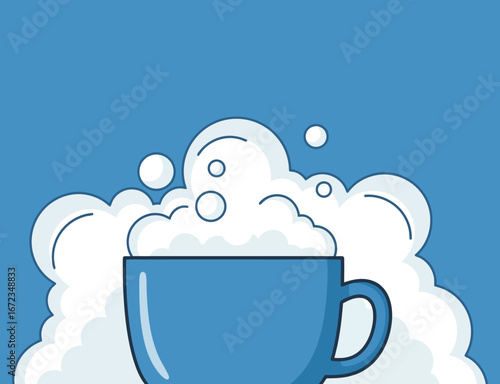 A blue mug filled with a creamy foam, with bubbles floating above it