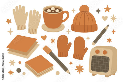 Cozy winter essentials include hot cocoa, warm clothing, and a heater for a relaxing atmosphere on a chilly day