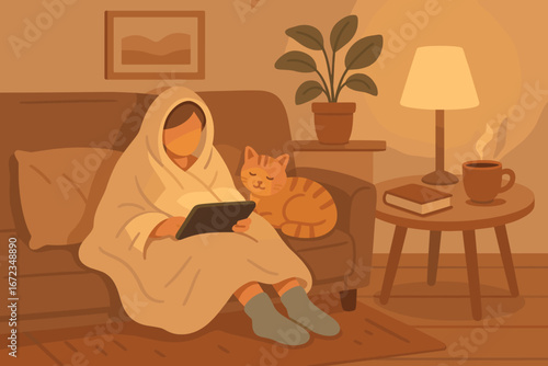 Cozy evening at home with a cat and a warm drink on a couch