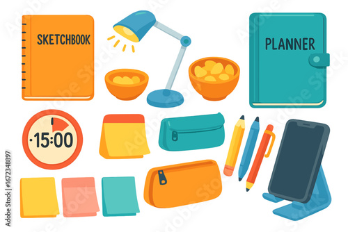 Bright and Colorful Workspace Illustration Featuring Sketchbook, Planner, Timer, Desk Lamp, Sticky Notes, Snacks, Pens, and Phone Stand