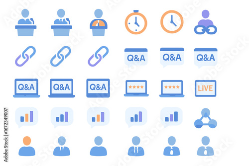 Virtual conference and webinar icons set with speakers, timers, links, Q&A, ratings, live streaming, analytics, and audience in blue and orange theme