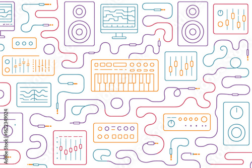 Visual representation of music production equipment and audio elements arranged in a colorful pattern