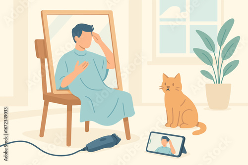 Man Giving Himself a Haircut at Home with Video Tutorial While Cat Watches