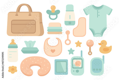 Baby essentials collection featuring clothing, accessories, and care items for newborns in soft colors