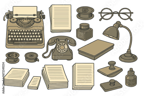 Vintage writing and office supplies illustration on golden gradient background, featuring typewriter, paper stacks, ink bottles, ribbon spools, round glasses, desk lamp, rotary telephone