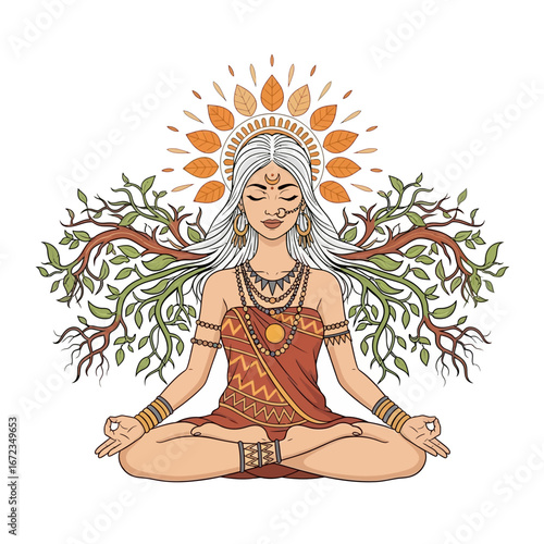 Spiritual Goddess of Nature meditating in yoga pose. Vector illustration.