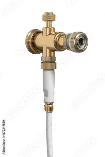 Brass plumbing fitting, three-way valve with a white component.  A brass plumbing fitting with three connections, a cross-shaped design, and a central white component.