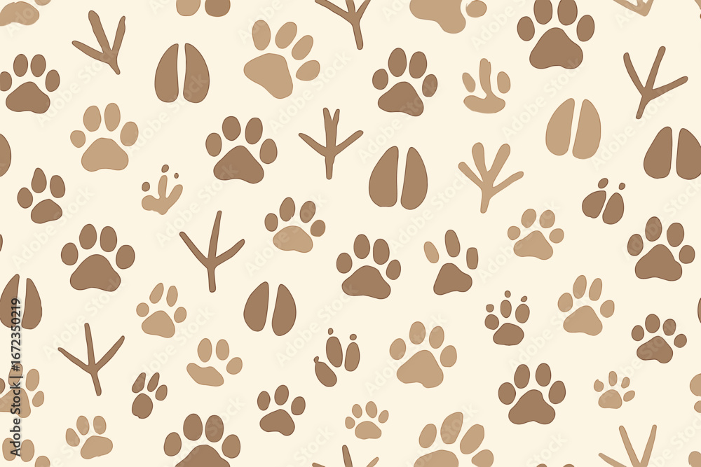 Fototapeta premium Paw print patterns in shades of brown on a light background create a whimsical design suited for various uses