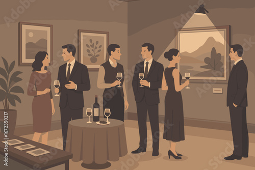 Illustration of a sophisticated art gallery gathering where elegantly dressed guests enjoy wine, admire paintings, and engage in conversation under warm lighting.