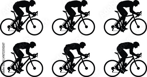 Cyclist silhouettes in motion six dynamic poses showcasing competitive cycling and athleticism