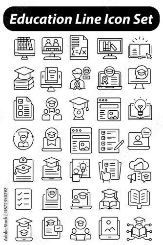 Education Line Icon Set – E-Learning, Study, School, University, Webinar & Online Learning Icons, Vector Illustration