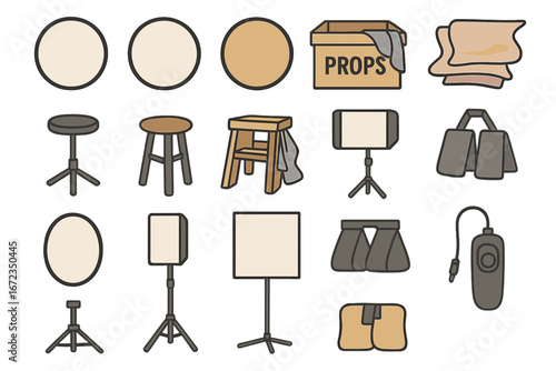 Collection of studio props for photography arranged on a light background showcasing various items used in photo sessions