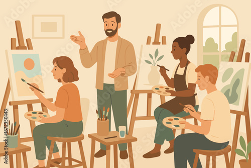 Art class in a bright studio featuring a teacher guiding students in painting techniques during daytime