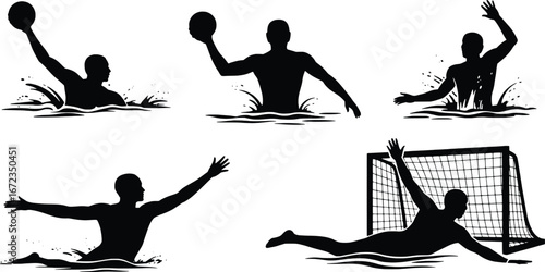 Dynamic water polo silhouettes athletes in action capturing ball and goalie diving