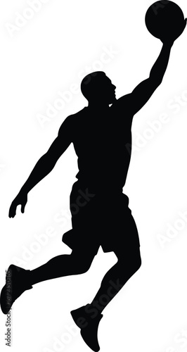 Dynamic silhouette of a basketball player in mid-air dunking a ball