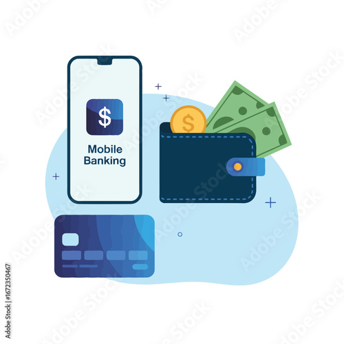 Flat design illustration of a mobile banking interface with user accounts and financial transactions