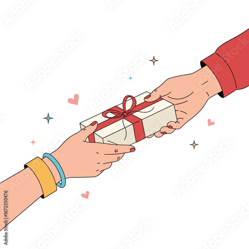 Giving and receiving a wrapped present with a red ribbon and bow an act of kindness and generosity