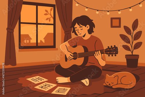 Cozy indoor evening with a person playing guitar while sitting on the floor next to a sleeping cat and enjoying warm lighting
